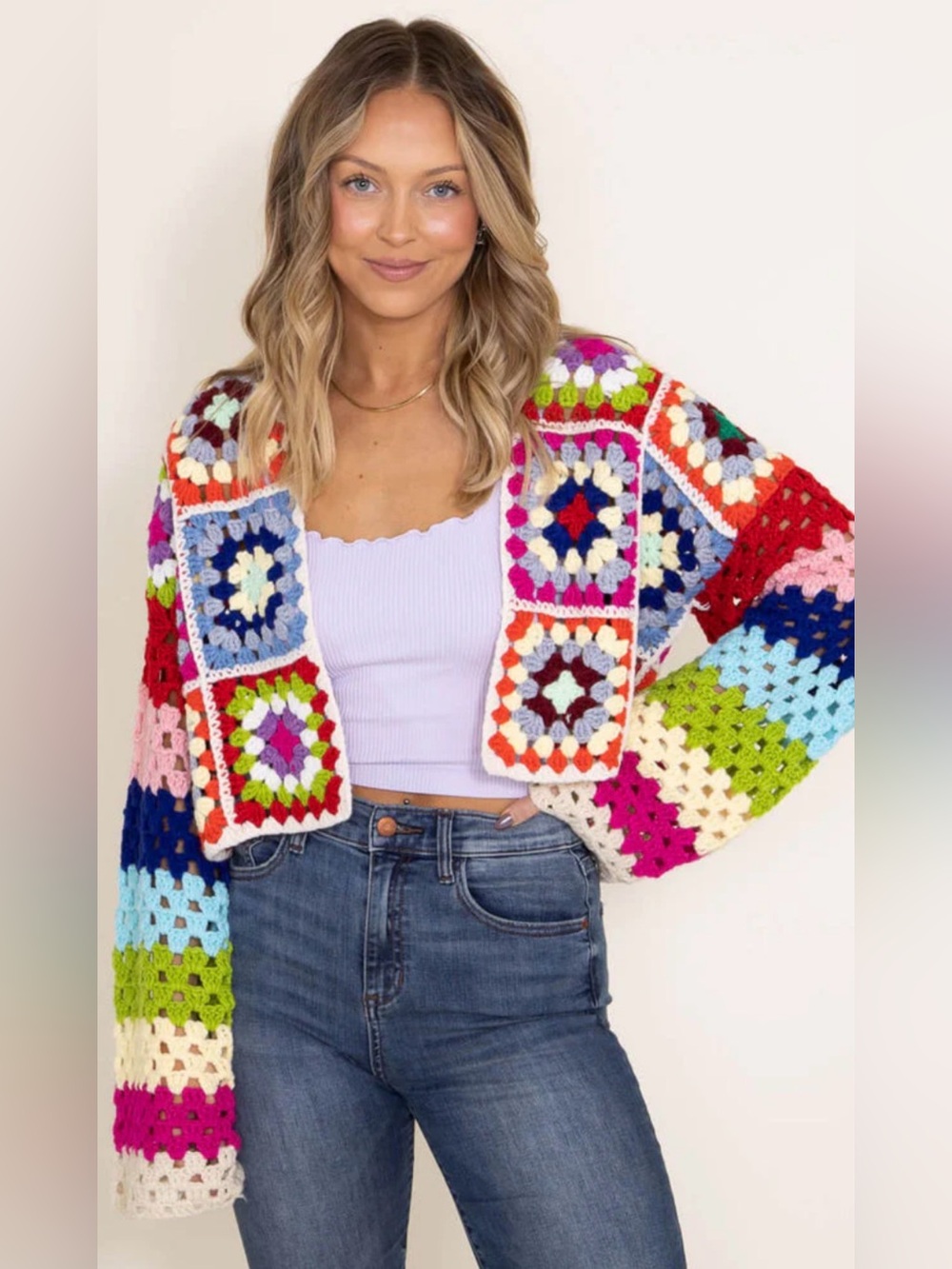 Adorable Multicolor Crochet Granny Square Boho Open Cropped Cardigan Sweater S/P